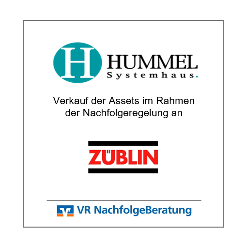 Das Bild stellt eine offizielle Bekanntgabe eines Verkaufs dar. Es zeigt, dass die Assets des Unternehmens "HUMMEL Systemhaus" im Rahmen einer Nachfolgeregelung an das Unternehmen "ZÜBLIN" verkauft wurden.
Die Unterschiede in den Logos deuten auf eine Unternehmensübernahme oder einen Verkauf hin.
Zusätzlich wird im unteren Bereich des Bildes die "VR Nachfolgeberatung" erwähnt, was darauf hindeutet, dass diese Beratungsfirma den Verkauf begleitet oder ermöglicht hat.
Der Verkauf der Assets erfolgt wahrscheinlich im Rahmen einer strategischen Planung oder wirtschaftlichen Anpassung, um für "HUMMEL Systemhaus" neue Wege einzuschlagen oder die Geschäftsübergabe an "ZÜBLIN" zu erleichtern.