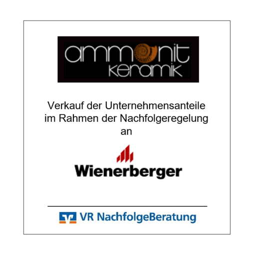 Das Bild stellt den Verkauf der Unternehmensanteile von "Ammonit Keramik" an "Wienerberger" dar, im Rahmen einer Nachfolgeregelung. Dies wird von der "VR Nachfolgeberatung" begleitet. Das Bild zeigt eine Art Bekanntmachung oder Werbeanzeige, die einen erfolgreichen Geschäftsabschluss kommuniziert. Es symbolisiert die Übernahme oder den Transfer von Besitzrechten innerhalb der Unternehmenswelt.